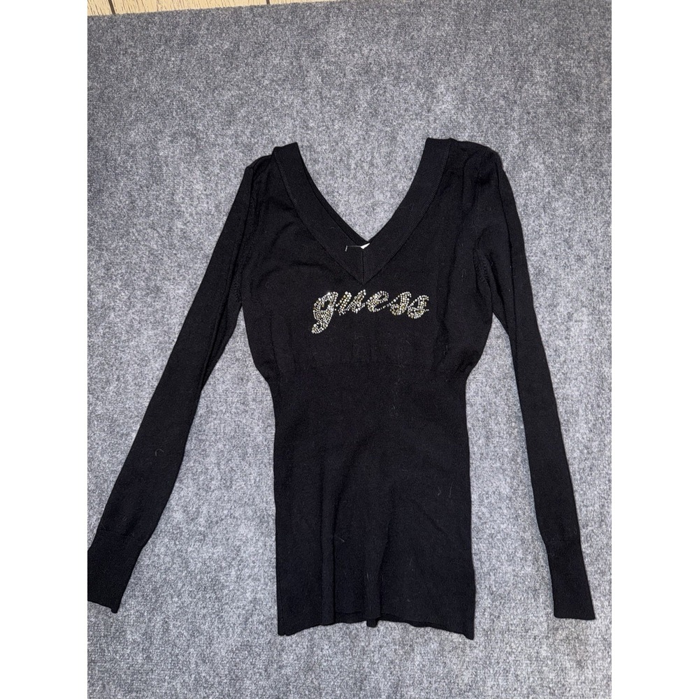 Y2K Guess Womens Black Rhinestone V Neck Ribbed Knit Long Sleeve Sweater XL  NWT